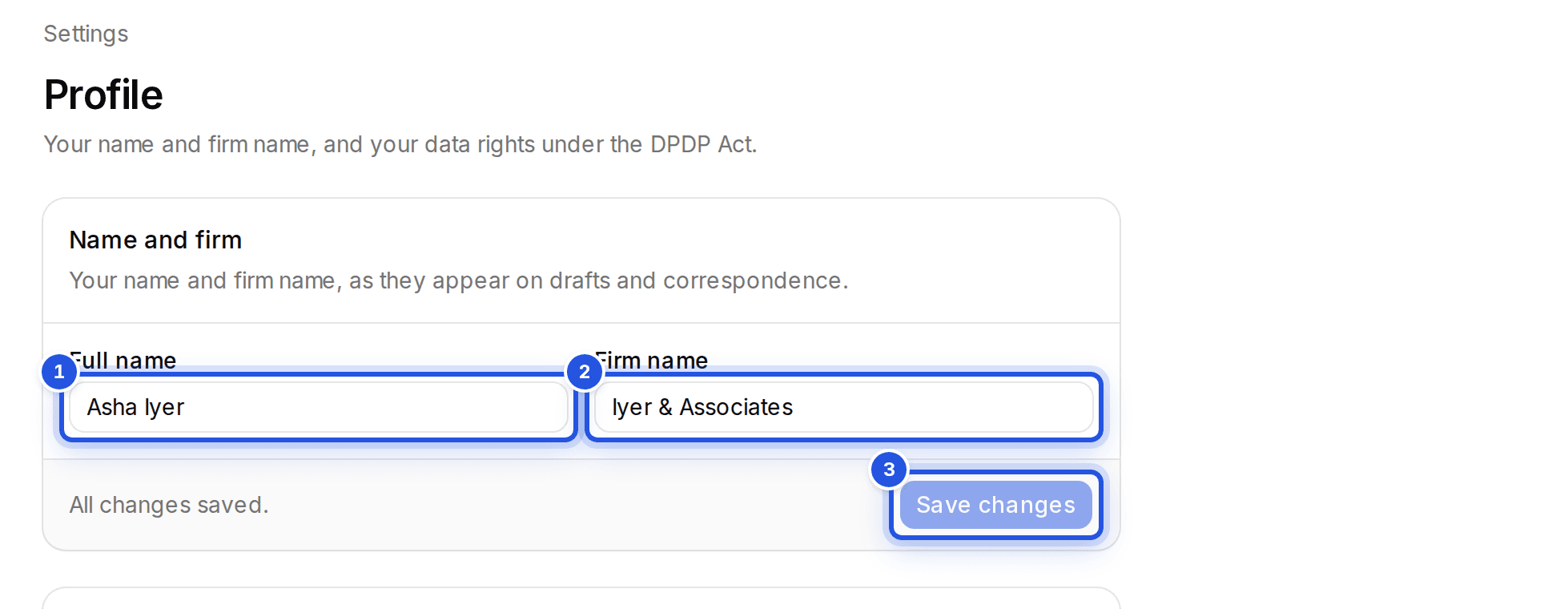 The Profile settings, where your name and firm name are kept for the account you sign in with.