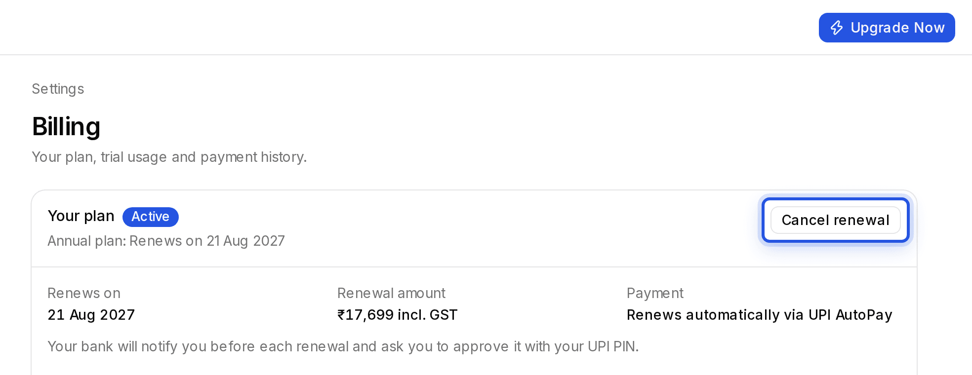 The Cancel renewal button on the Billing page, highlighted.