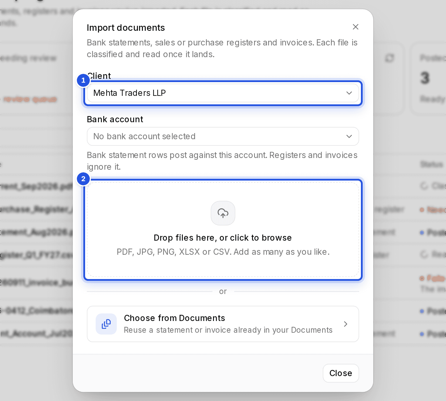 The Import documents window with two numbered marks: 1 the Client selector and 2 the drop area.