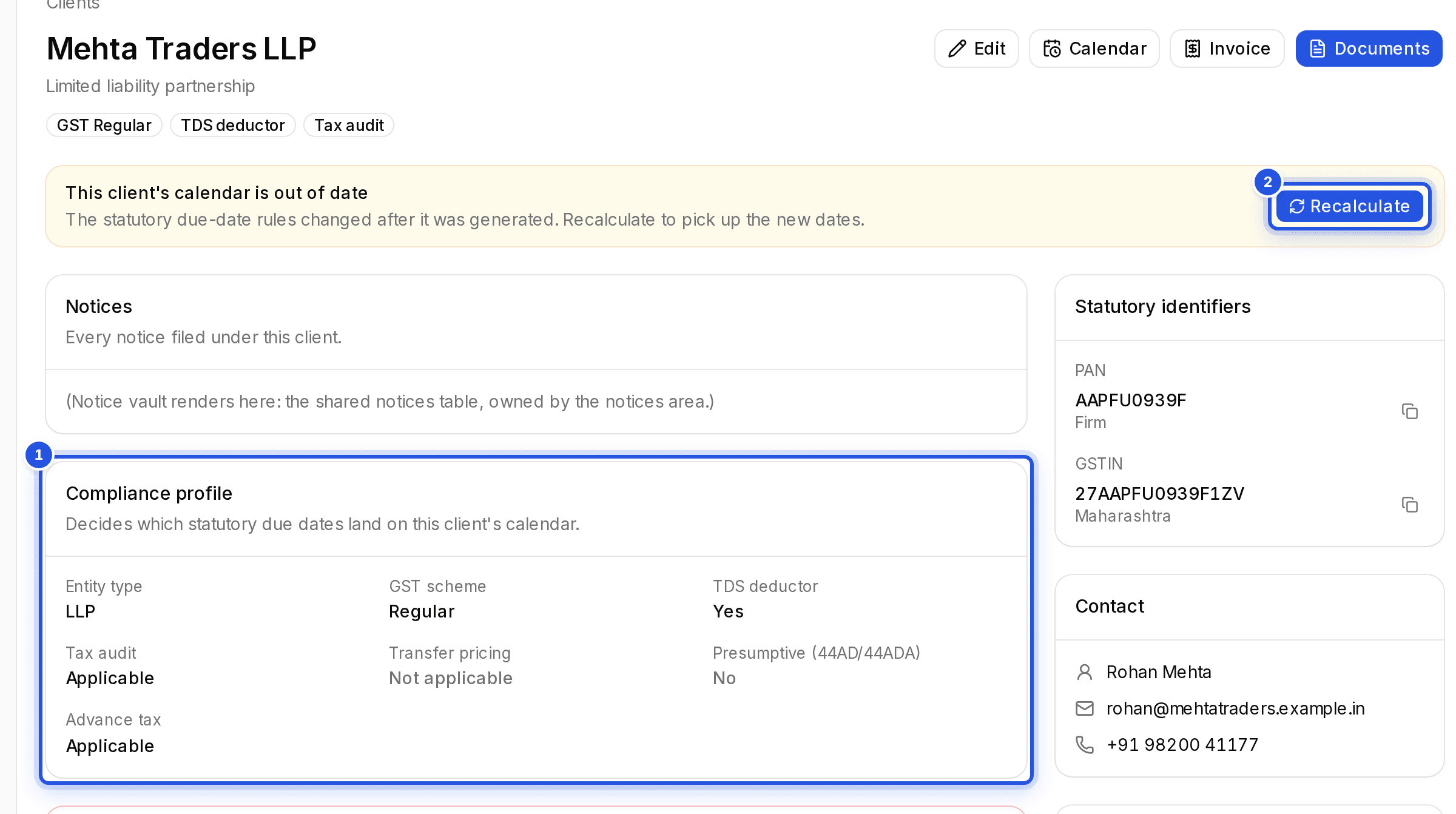 A client page with two numbered marks: 1 the Compliance profile card and 2 the Recalculate button in the out-of-date notice.