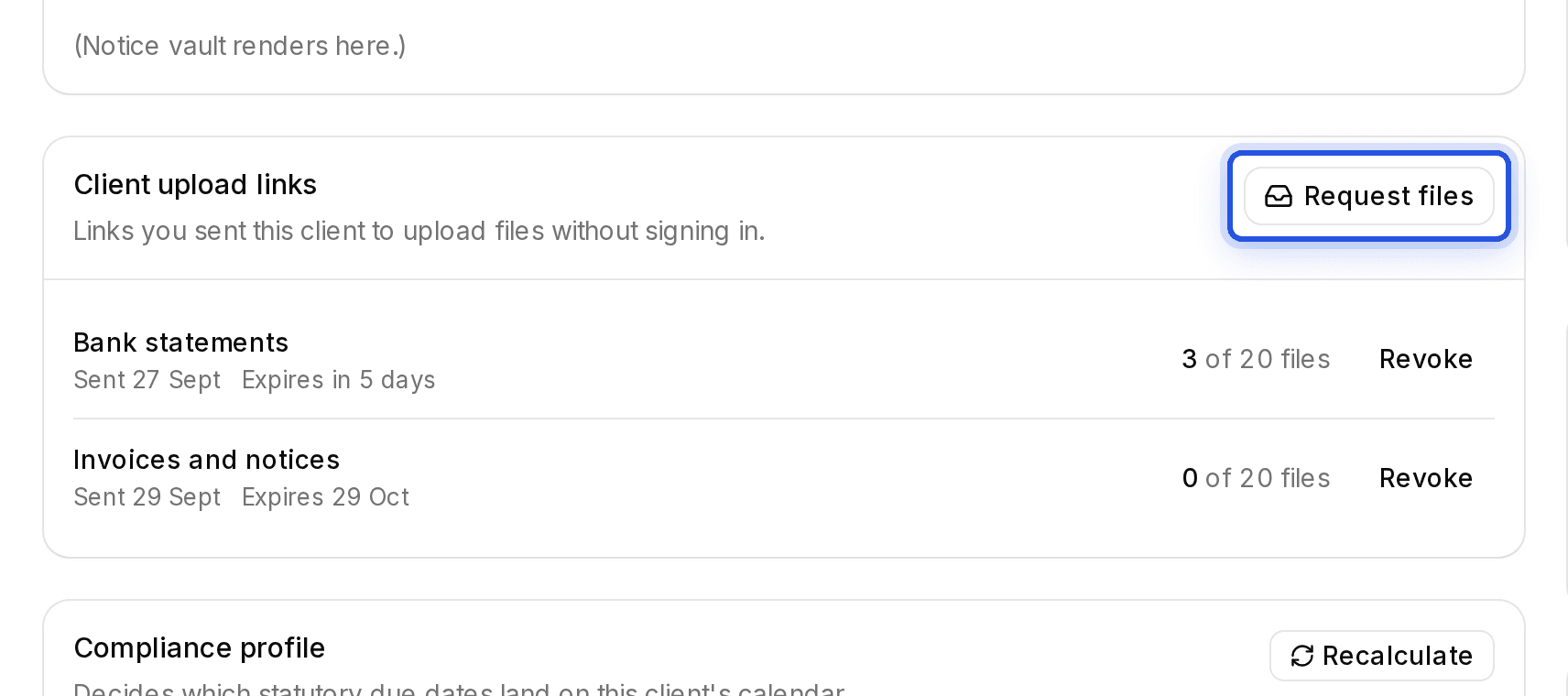 The Request files button on a client page, highlighted.