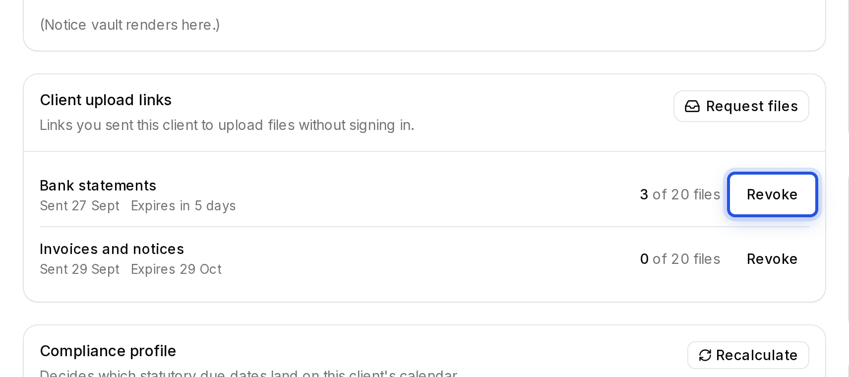 The Revoke button on the first link under Client upload links, highlighted.