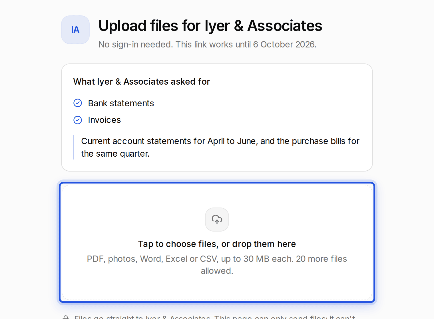 The public upload page with the drop area, Tap to choose files, highlighted.