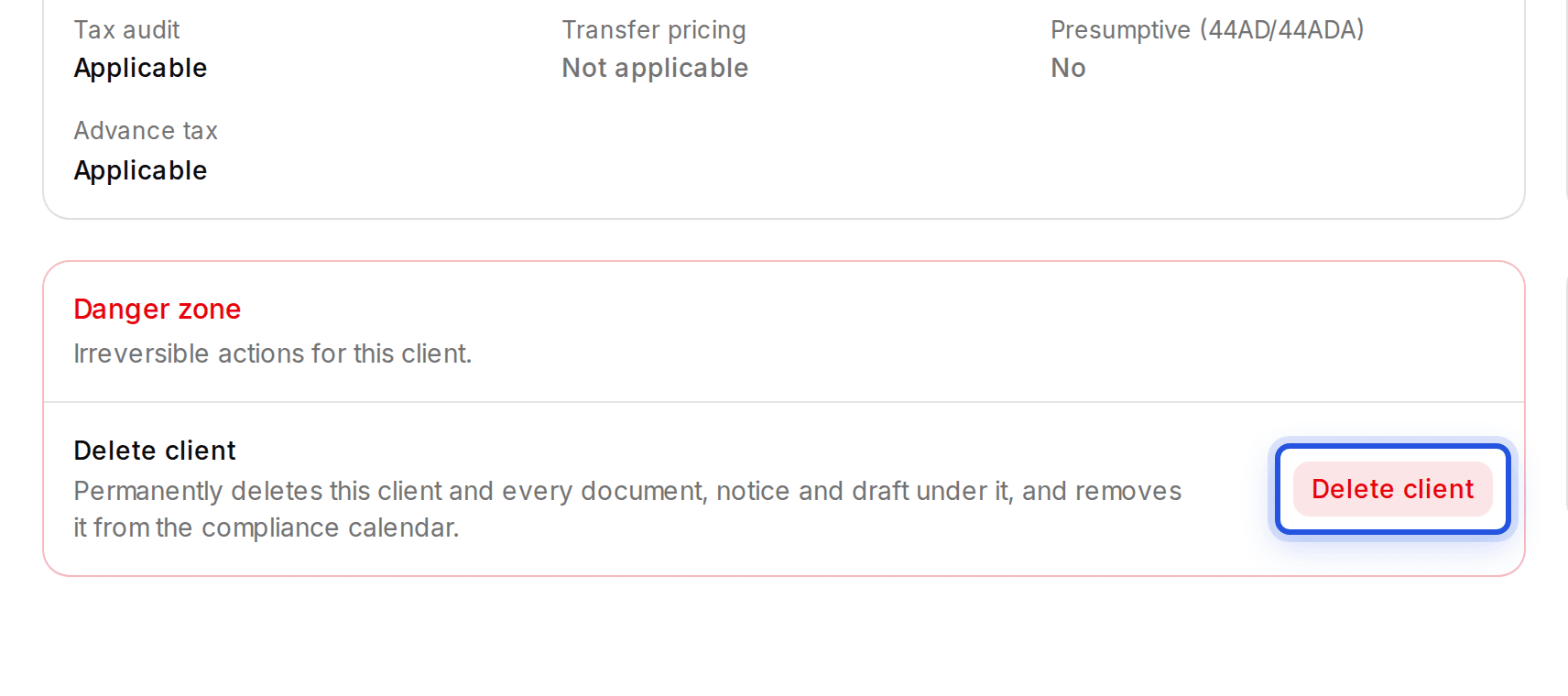 The Delete client button in the Danger zone of a client page, highlighted.
