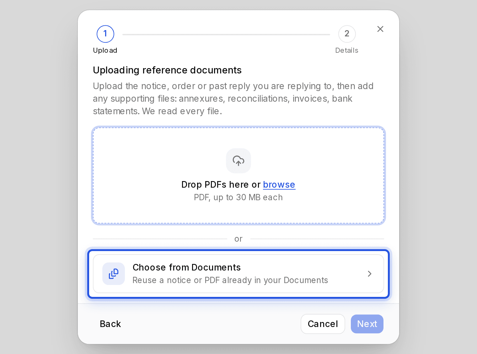 The Choose from Documents button in the upload window, highlighted.