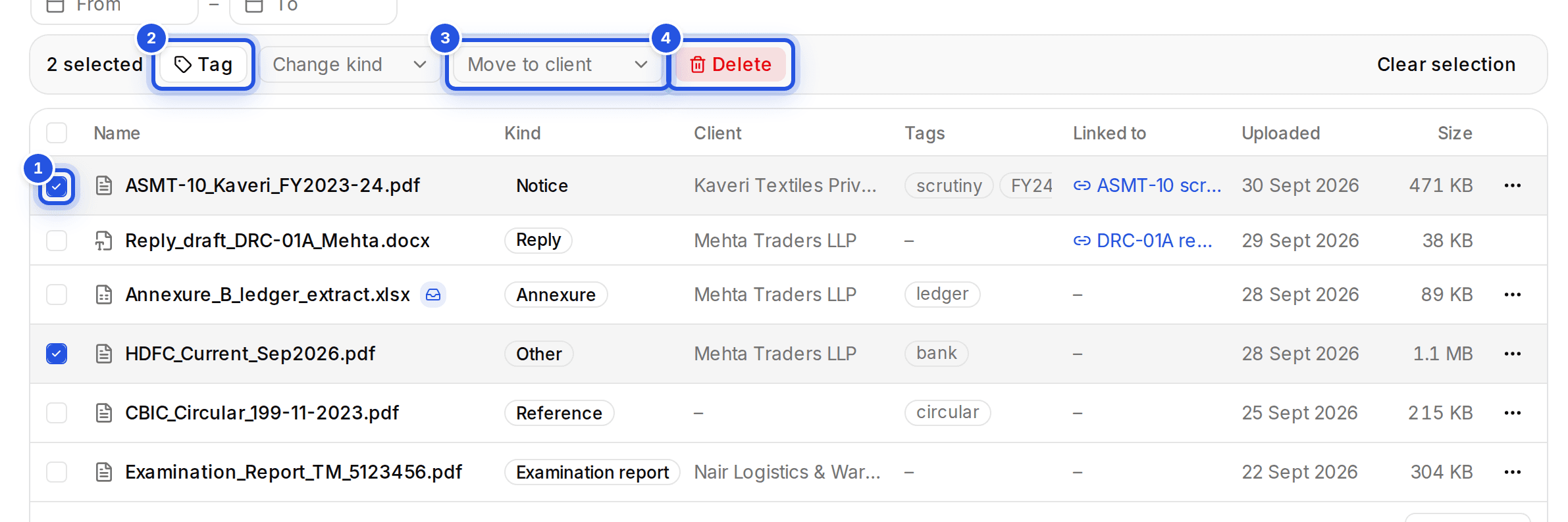 The Documents list with four numbered marks: 1 a ticked file, 2 Tag, 3 Move to client and 4 Delete.