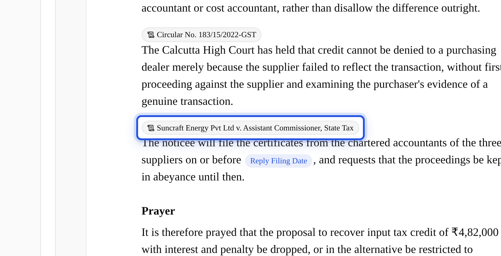 A source marker for a case, Suncraft Energy Pvt Ltd v. Assistant Commissioner, State Tax, inside a draft, highlighted.