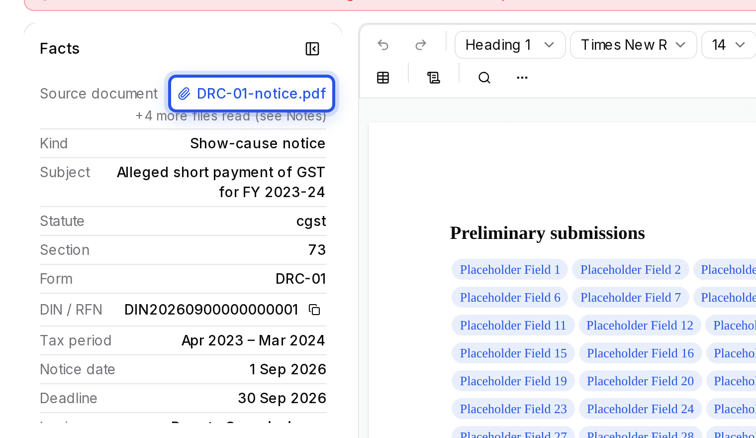 The Source document link, DRC-01-notice.pdf, in the facts panel of a draft, highlighted.