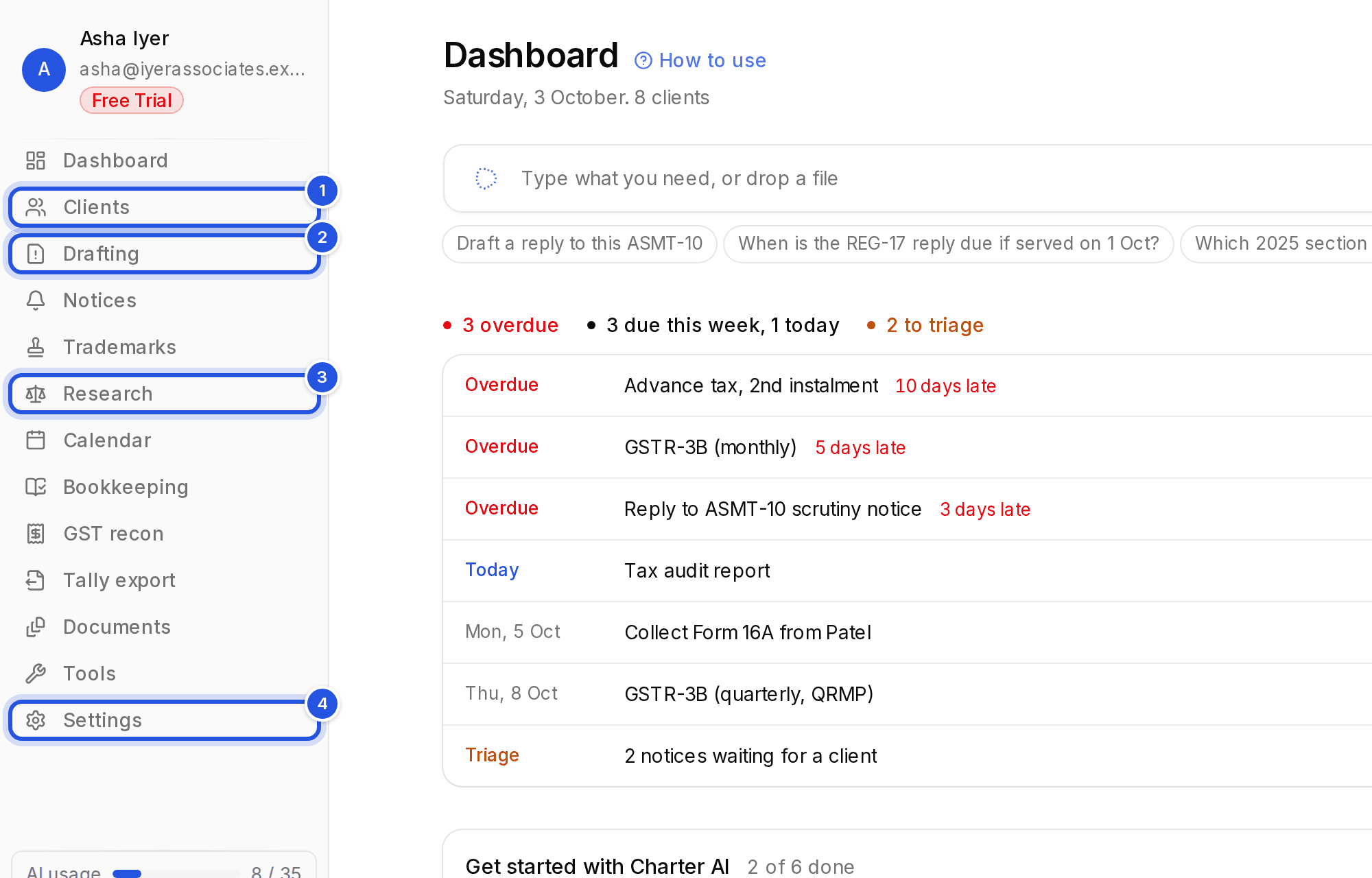 The sidebar with four numbered marks: 1 Clients, 2 Drafting, 3 Research and 4 Settings.