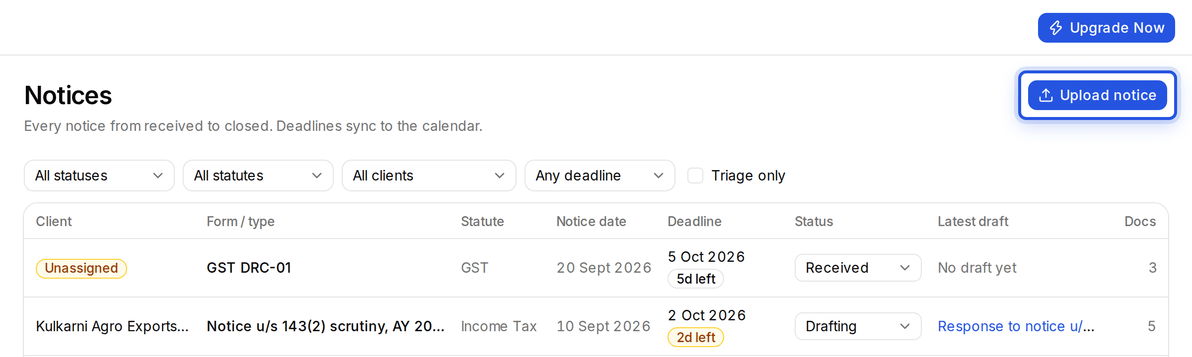 The Upload notice button at the top right of the Notices page, highlighted.