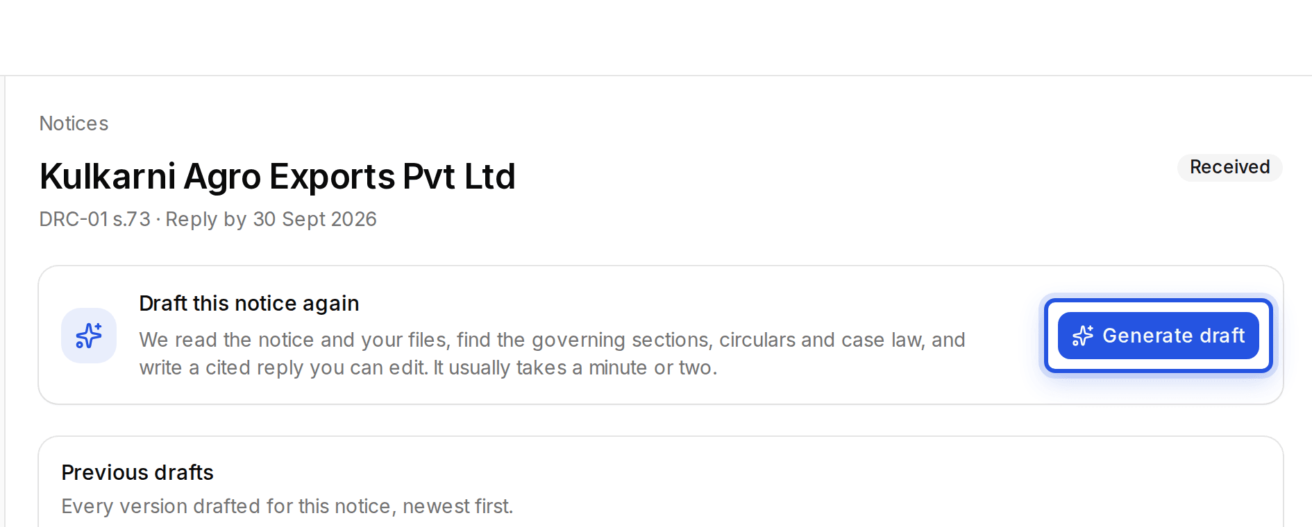 The Generate draft button on a notice page, highlighted.