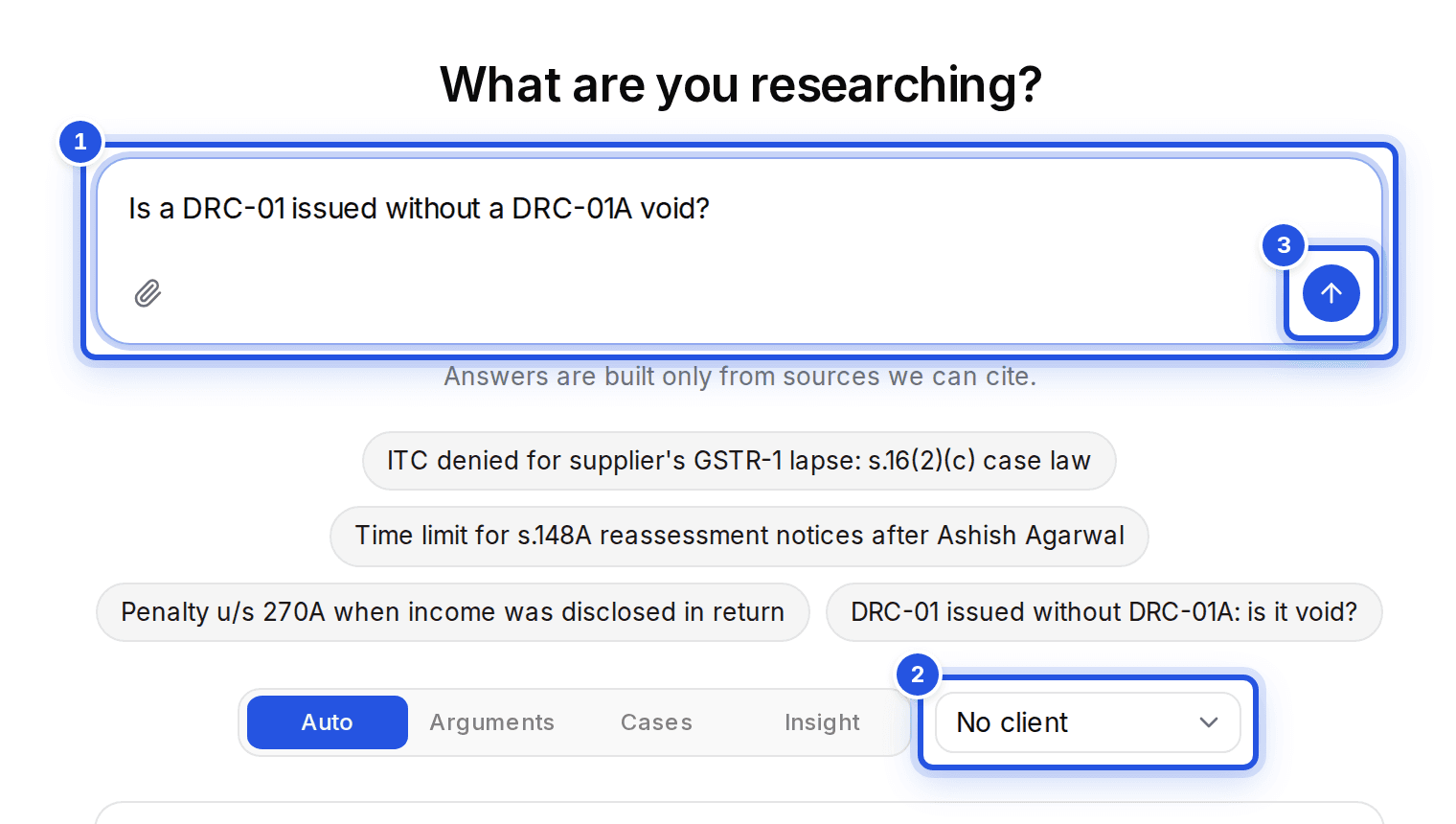 The research page with three numbered marks: 1 the question box, 2 the Client selector and 3 the search button.