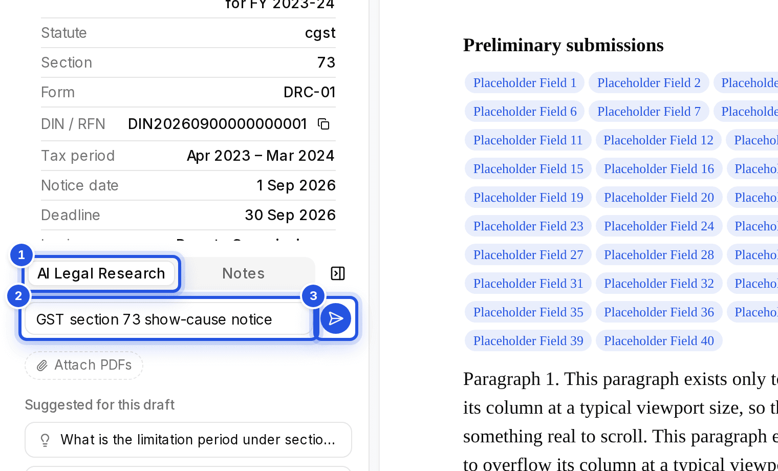 The right pane of the editor with three numbered marks: 1 the AI Legal Research tab, 2 the question box and 3 the send button.