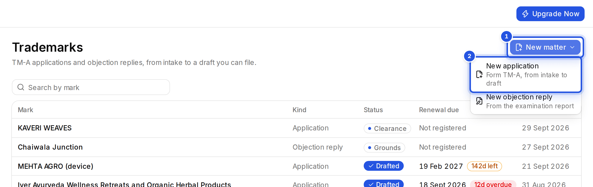 The Trademarks page with two numbered marks: 1 the New matter button and 2 New application in its menu.