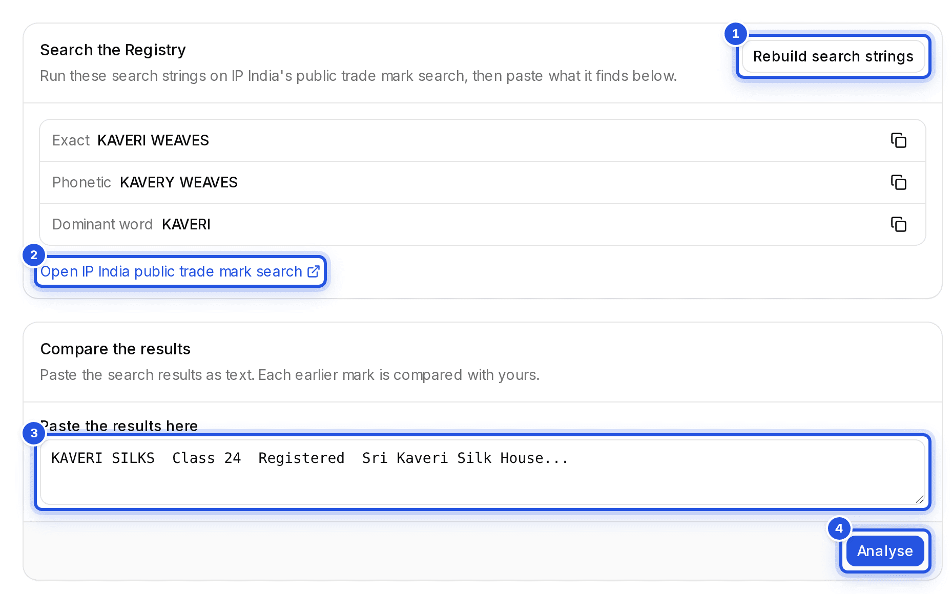 The Clearance step with four numbered marks: 1 the search strings button, 2 the link to IP India's public search, 3 the box for pasted results and 4 Analyse.