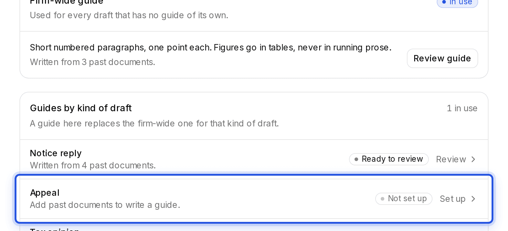 The Appeal row under Guides by kind of draft, with its Set up link, highlighted.