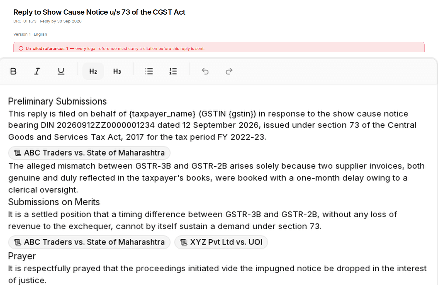 Charter AI's editor: a GST show-cause reply flagged with one un-cited reference, and two inline citation chips linking to case law